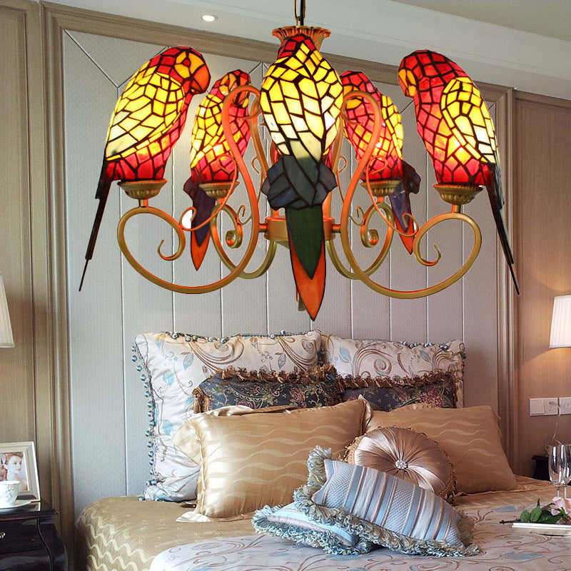 5-Light Parrots Tiffany Style Chandelier for Living Room with Mosaic Shade