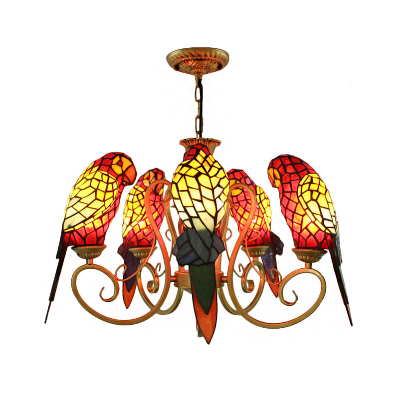 5-Light Parrots Tiffany Style Chandelier for Living Room with Mosaic Shade