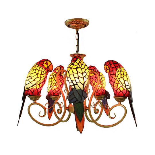 5-Light Parrots Tiffany Style Chandelier for Living Room with Mosaic Shade