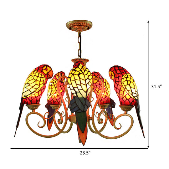 5-Light Parrots Tiffany Style Chandelier for Living Room with Mosaic Shade