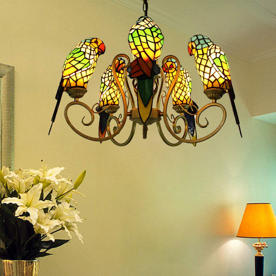 5-Light Parrots Tiffany Style Chandelier for Living Room with Mosaic Shade