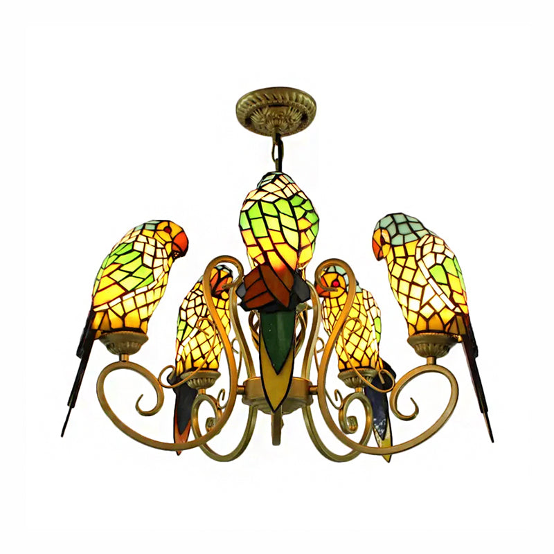 5-Light Parrots Tiffany Style Chandelier for Living Room with Mosaic Shade