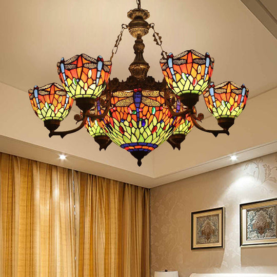 Dragonfly Tiffany Style Chandelier with Stained Glass Shade for Living Room