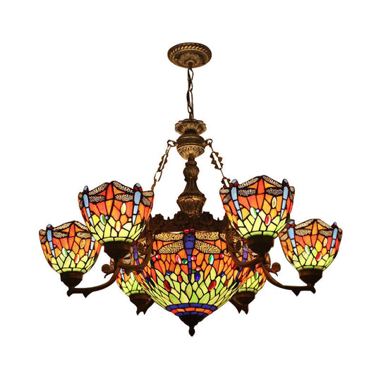 Dragonfly Tiffany Style Chandelier with Stained Glass Shade for Living Room