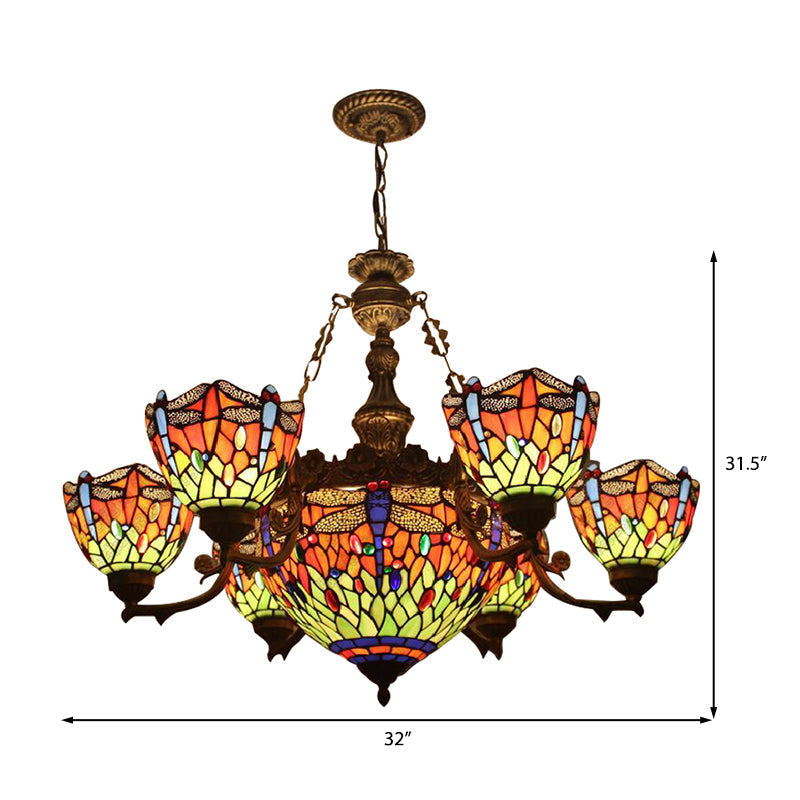 Dragonfly Tiffany Style Chandelier with Stained Glass Shade for Living Room