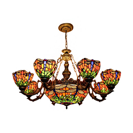 Dragonfly Tiffany Style Chandelier with Stained Glass Shade for Living Room