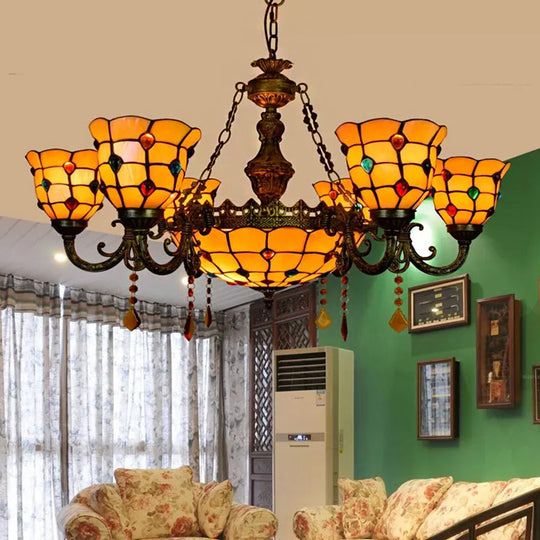 Chandelier Over Dining Table: Aged Brass Jewel Fixture With Tiffany Style Dome And Bell Shade 7 /