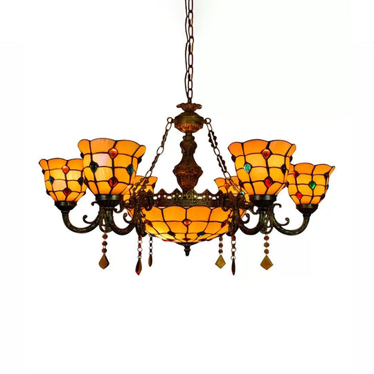 Chandelier Over Dining Table: Aged Brass Jewel Fixture With Tiffany Style Dome And Bell Shade