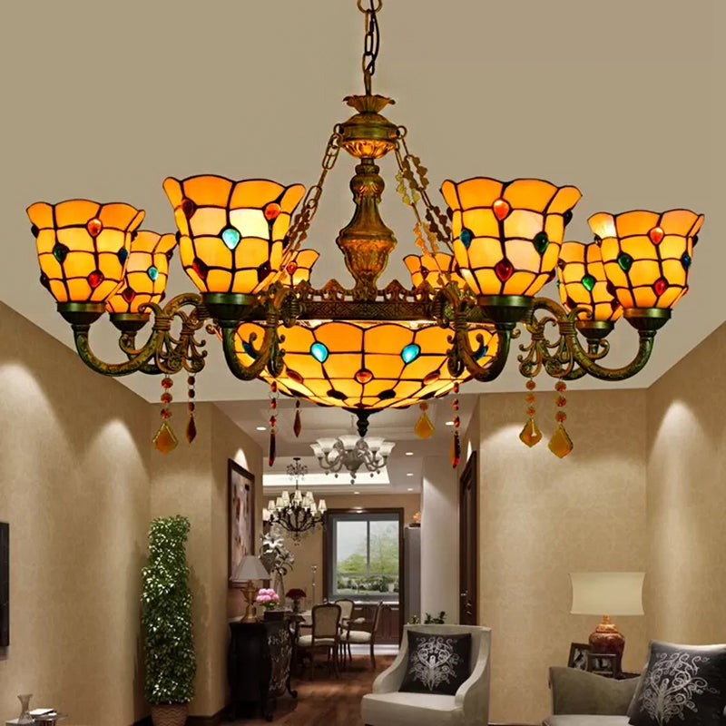 Chandelier Over Dining Table: Aged Brass Jewel Fixture With Tiffany Style Dome And Bell Shade 9 /