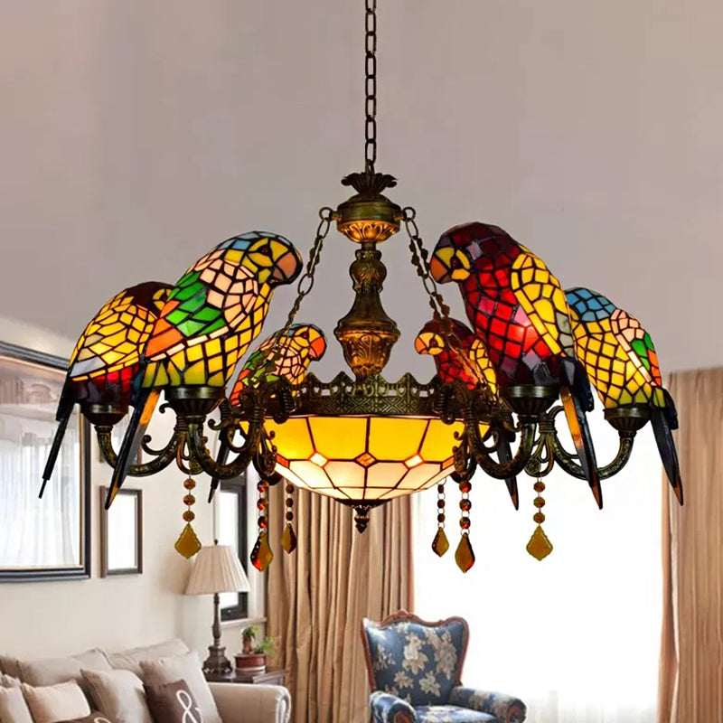 Bronze Tiffany Stained Glass Chandelier: Parrots Shade 9 Lights Amber Crystal Decoration - Perfect