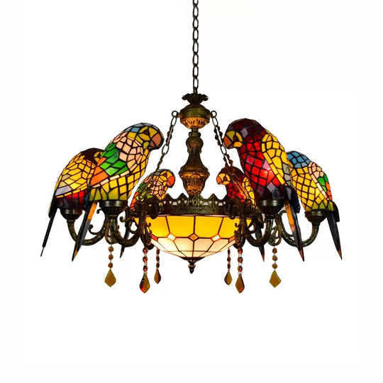 Bronze Tiffany Stained Glass Chandelier: Parrots Shade 9 Lights Amber Crystal Decoration - Perfect