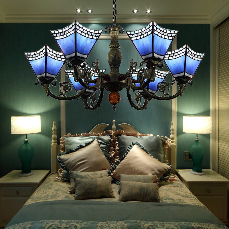 6-Light Tiffany-Style Chandelier for Dining Rooms with Chain - Geometric Hanging Fixture and Art Glass Shade