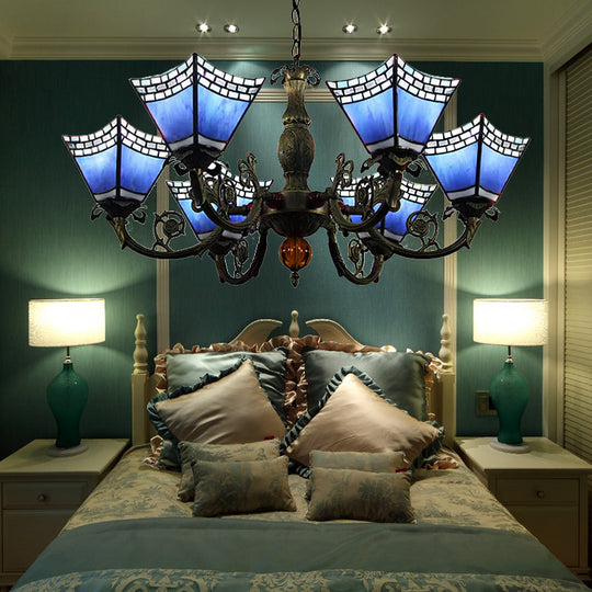 Tiffany-Style 6-Light Geometric Chandelier For Dining Rooms With Art Glass Shade And Chain Blue