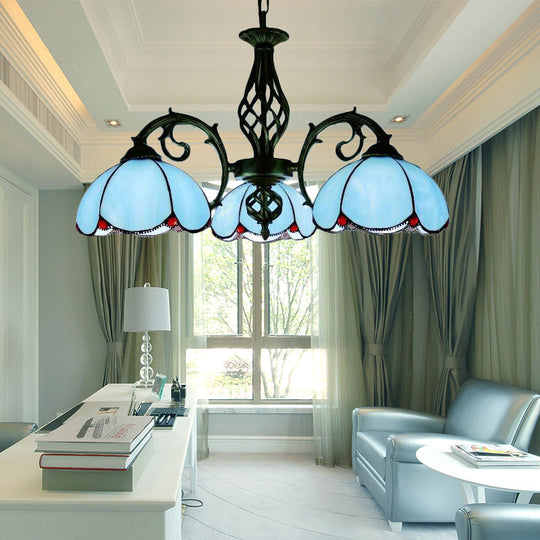 Blue Tiffany Chandelier - 3-Light Floral Pendant Lamp for Dining Table with Adjustable Chain