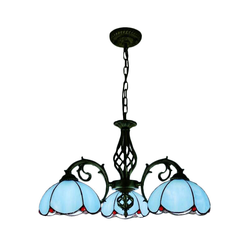 Tiffany Chandelier - 3-Light Floral Pendant Lamp For Dining Table Adjustable Chain Blue