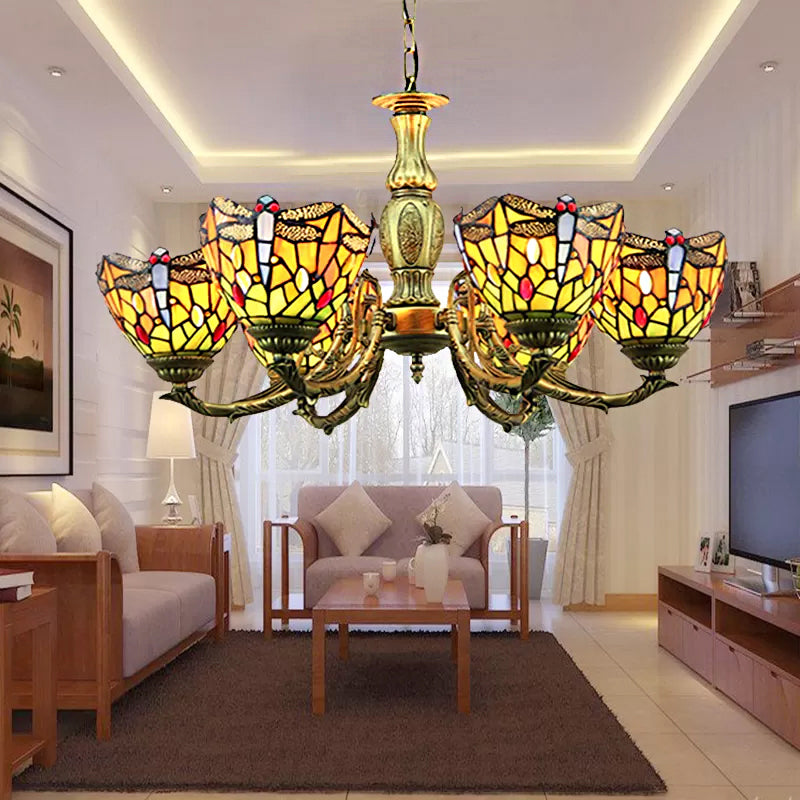 Dragonfly Tiffany-Style Stained Glass Chandelier Antique Brass Finish 6 Lights Adjustable Chain