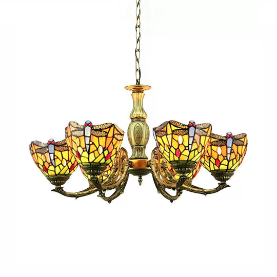 Dragonfly Tiffany-Style Stained Glass Chandelier Antique Brass Finish 6 Lights Adjustable Chain