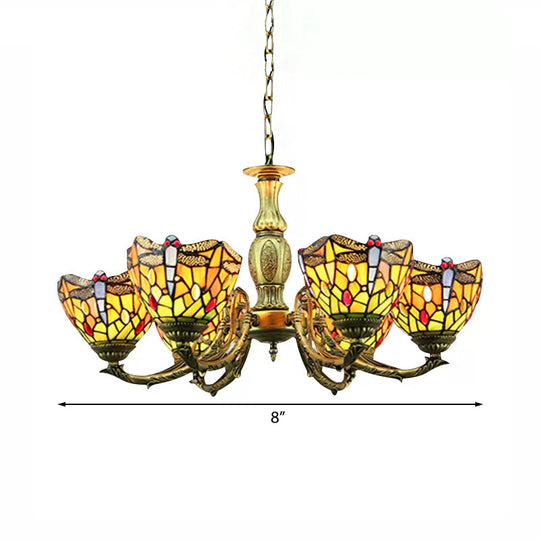 Dragonfly Tiffany Style Stained Glass Chandelier with 6 Lights in Antique Brass and Adjustable Chain