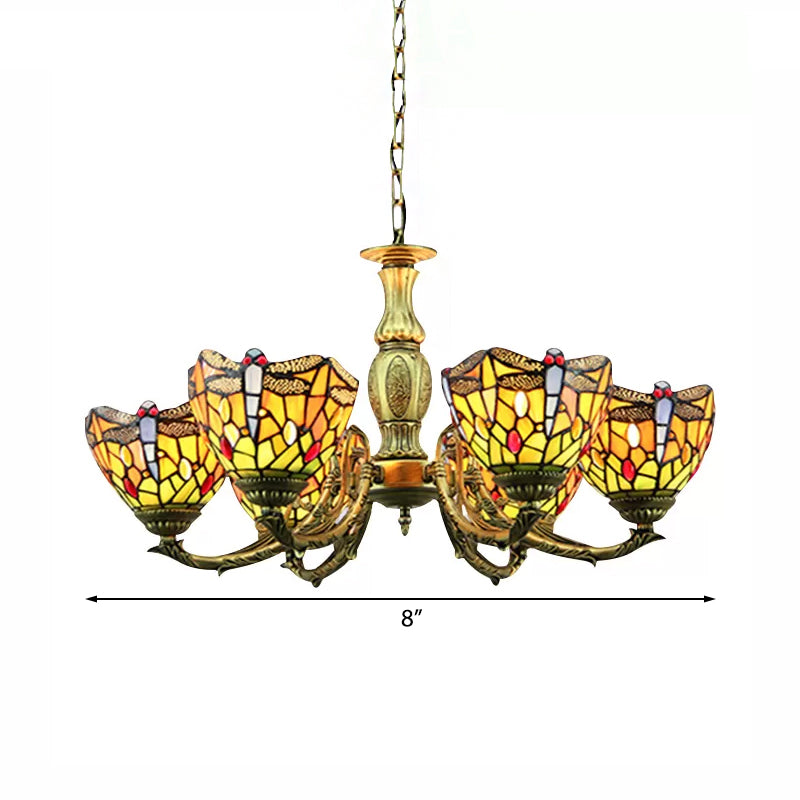 Dragonfly Tiffany-Style Stained Glass Chandelier Antique Brass Finish 6 Lights Adjustable Chain