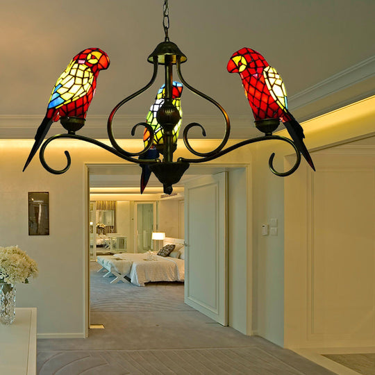 Tiffany-style Parrot Stained Glass Chandelier in Antique Brass - Ideal for Dining Rooms