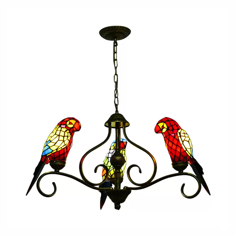 Tiffany-style Parrot Stained Glass Chandelier in Antique Brass - Ideal for Dining Rooms