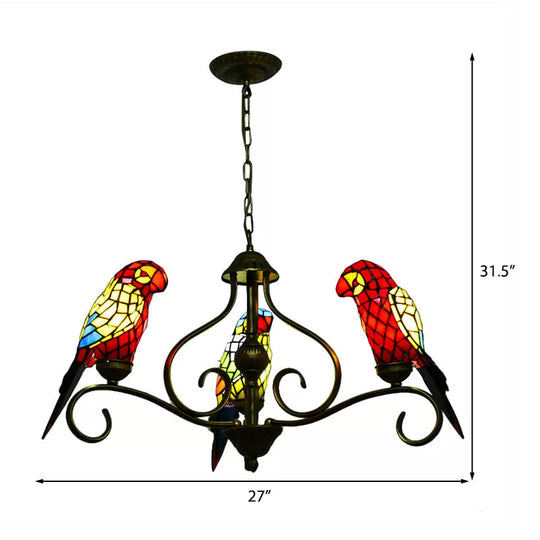 Tiffany-style Parrot Stained Glass Chandelier in Antique Brass - Ideal for Dining Rooms