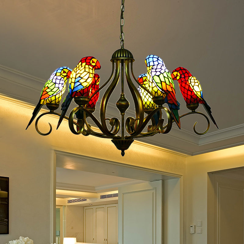 Tiffany-style Parrot Stained Glass Chandelier in Antique Brass - Ideal for Dining Rooms