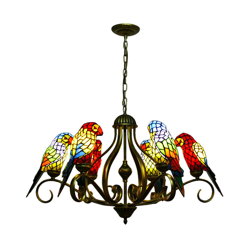 Tiffany-style Parrot Stained Glass Chandelier in Antique Brass - Ideal for Dining Rooms