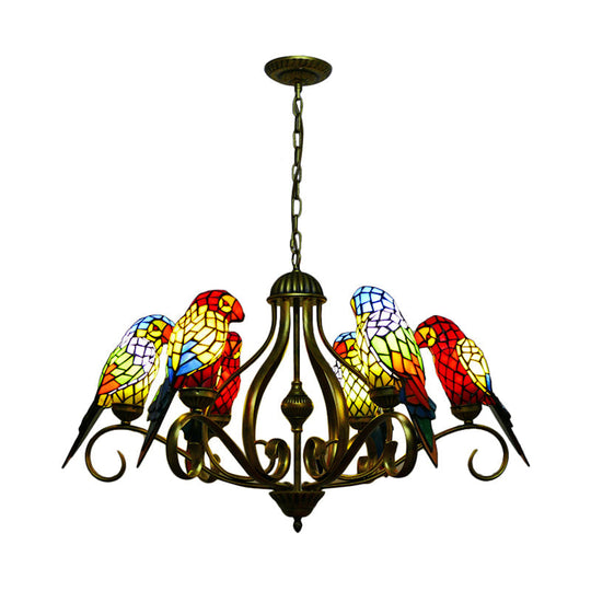 Tiffany-style Parrot Stained Glass Chandelier in Antique Brass - Ideal for Dining Rooms