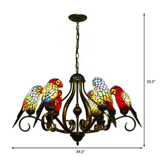 Tiffany-style Parrot Stained Glass Chandelier in Antique Brass - Ideal for Dining Rooms