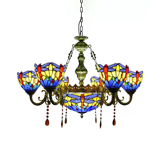 Dragonfly Stained Glass Chandelier with Amber Crystal Decor for Living Room