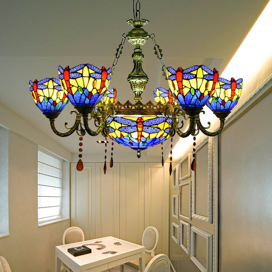 Dragonfly Stained Glass Chandelier with Amber Crystal Decor for Living Room