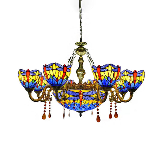 Dragonfly Chandelier With Stained Glass Shade And Crystal Decor For Living Room Ceiling