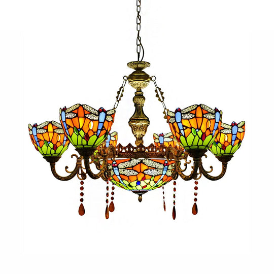 Dragonfly Stained Glass Chandelier with Amber Crystal Decor for Living Room