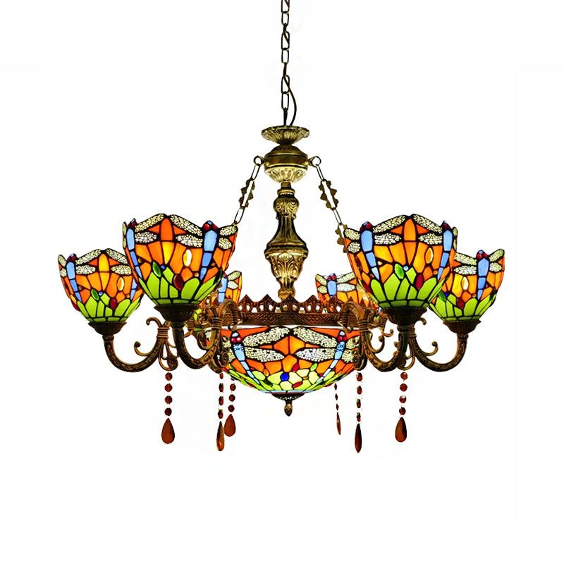 Dragonfly Chandelier With Stained Glass Shade And Crystal Decor For Living Room Ceiling