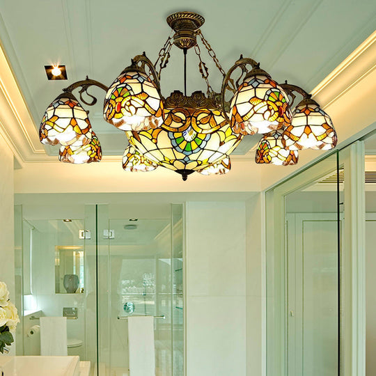 9-Light Stained Glass Chandelier with Dome and Bell Shades, Victorian Style for Living Rooms