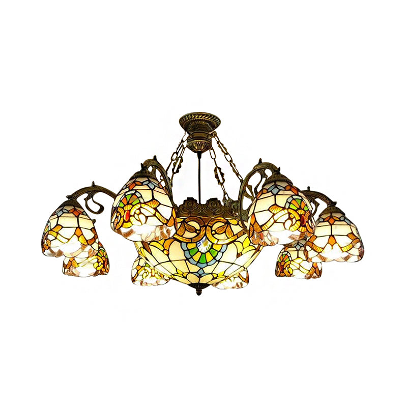 9-Light Stained Glass Chandelier with Dome and Bell Shades, Victorian Style for Living Rooms