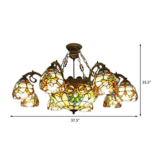 9-Light Stained Glass Chandelier with Dome and Bell Shades, Victorian Style for Living Rooms