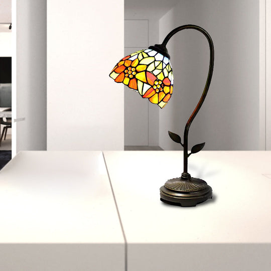 Tiffany Style Blue/Orange Table Lamp With Sunflower/Dragonfly Art Glass Pattern - 1 Light Stainless