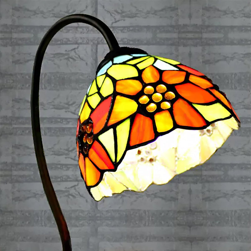 Tiffany Style Blue/Orange Table Lamp With Sunflower/Dragonfly Art Glass Pattern - 1 Light Stainless