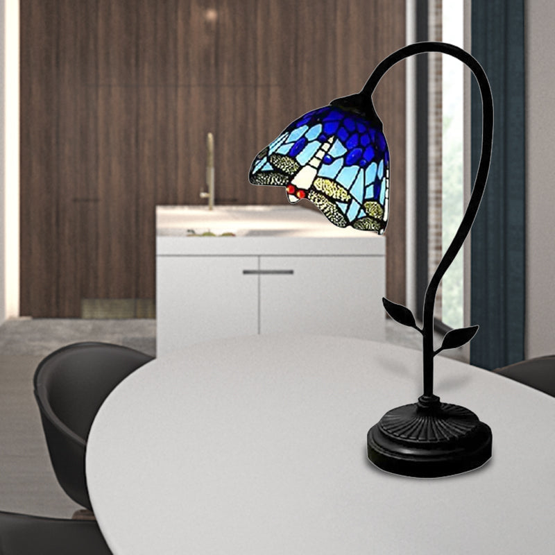 Tiffany Style Blue/Orange Table Lamp With Sunflower/Dragonfly Art Glass Pattern - 1 Light Stainless