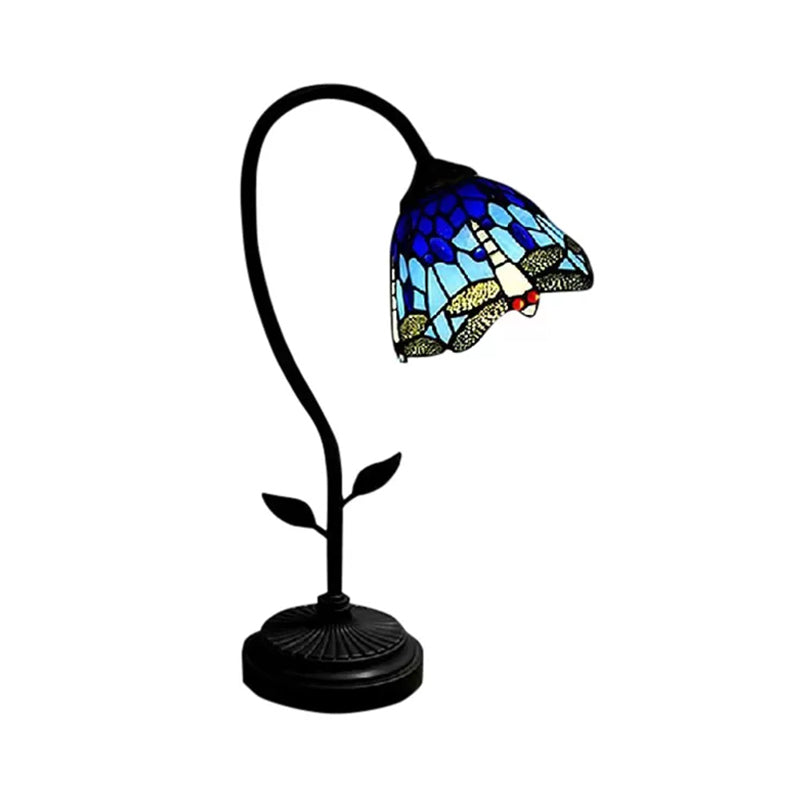 Tiffany Style Blue/Orange Table Lamp With Sunflower/Dragonfly Art Glass Pattern - 1 Light Stainless