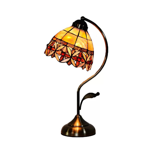 Tiffany Style 1-Light Beige Shell Table Lamp With Leaf/Rose Pattern - Elegant Office Lighting