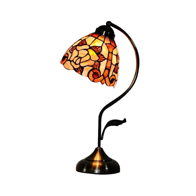 Tiffany Style 1-Light Beige Shell Table Lamp With Leaf/Rose Pattern - Elegant Office Lighting