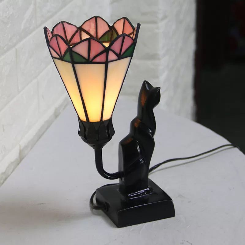 Cat Tiffany Stained Glass Table Lamp - Traditional Pink/White Accent Lighting Pink-White