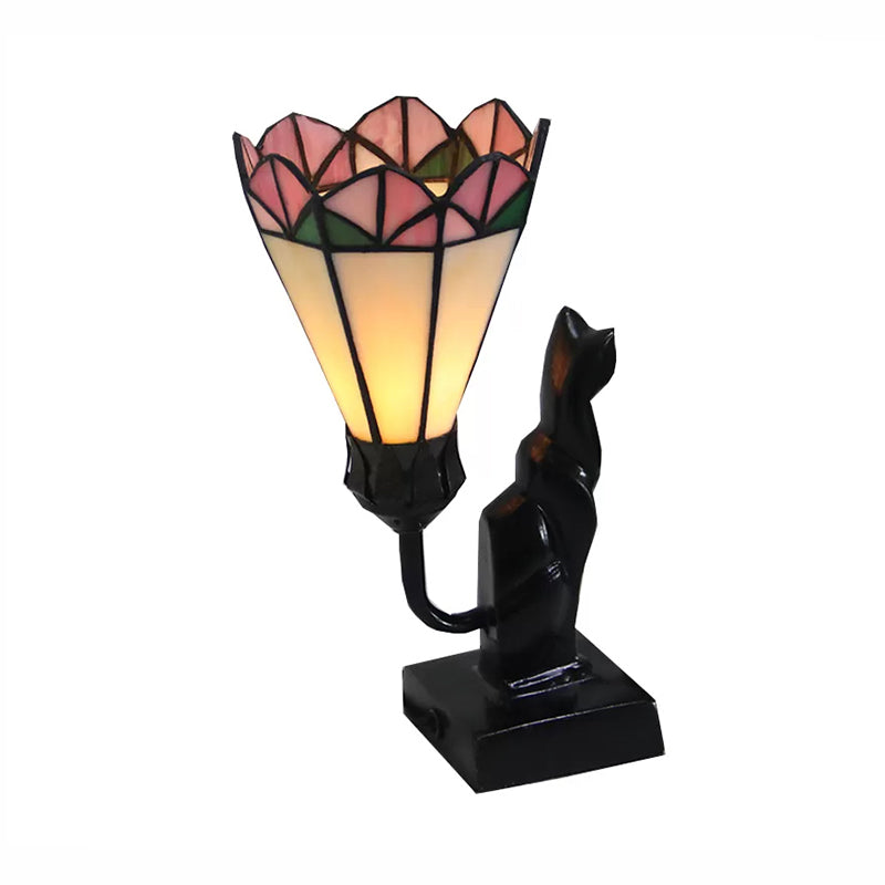 Cat Tiffany Stained Glass Table Lamp - Traditional Pink/White Accent Lighting