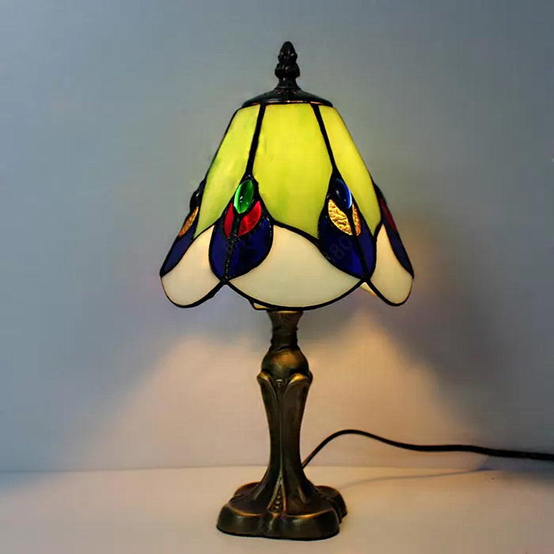 Stained Glass Cone Table Light With Metal Base & Gem/Grape/Peacock Tail Pattern - Tiffany Bedside