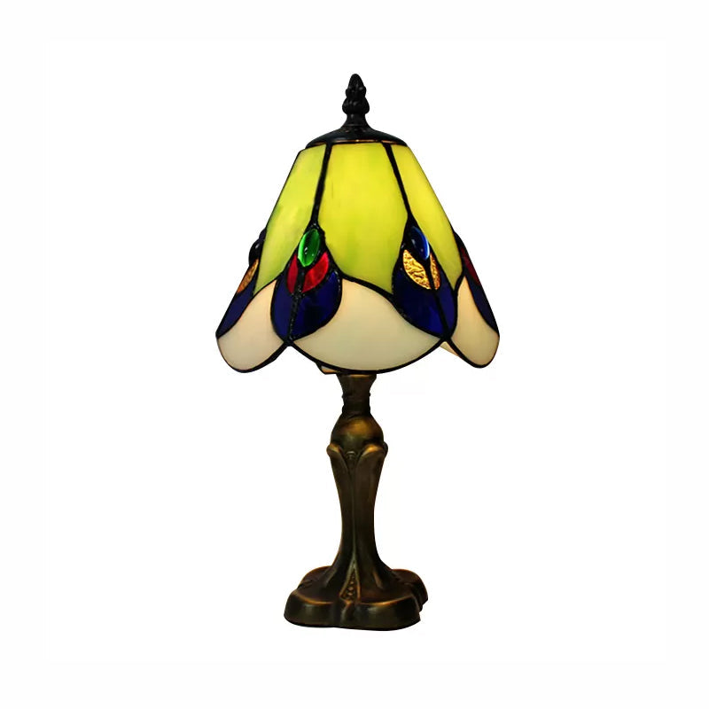 Stained Glass Cone Table Light With Metal Base & Gem/Grape/Peacock Tail Pattern - Tiffany Bedside