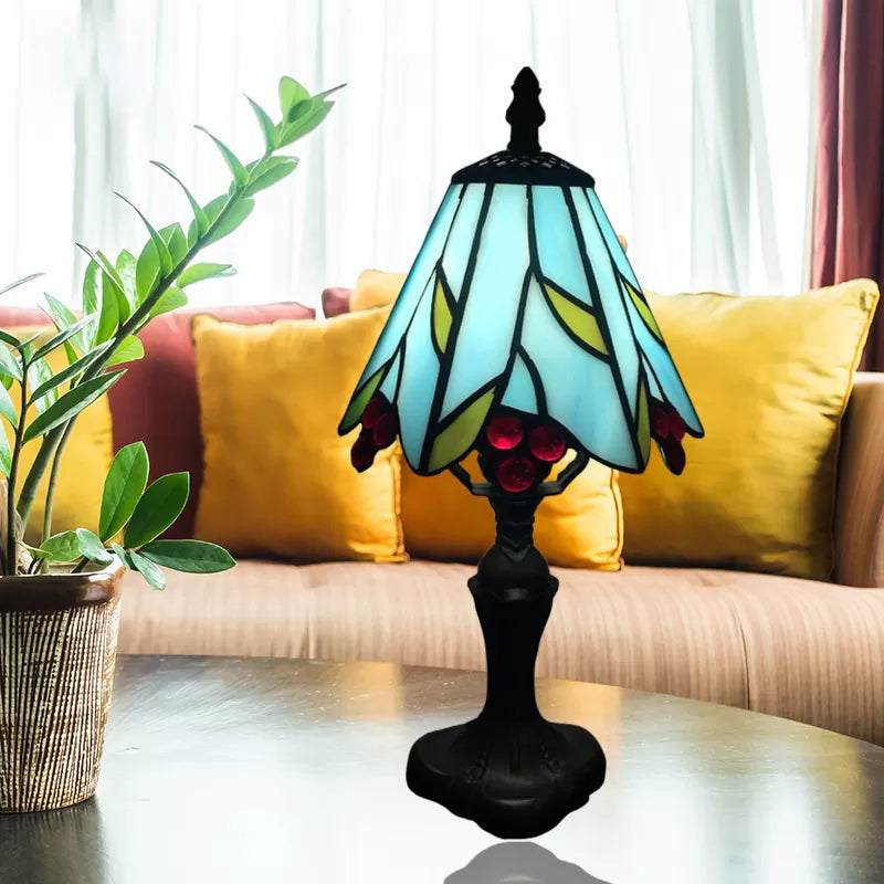 Stained Glass Cone Table Light With Metal Base & Gem/Grape/Peacock Tail Pattern - Tiffany Bedside