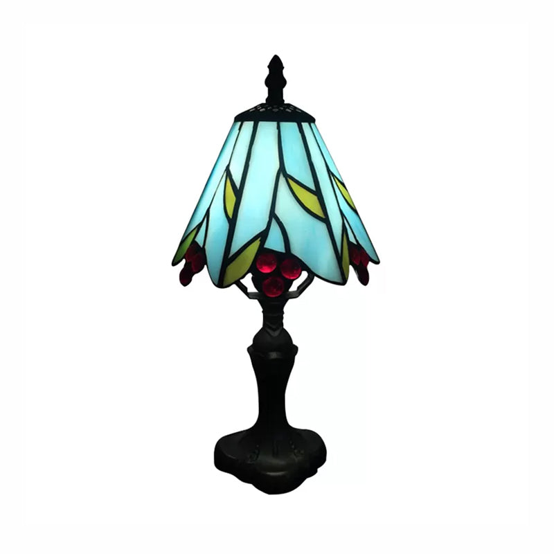 Stained Glass Cone Table Light With Metal Base & Gem/Grape/Peacock Tail Pattern - Tiffany Bedside